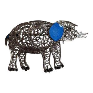Vtg Portugal Sterling Silver Filigree Elephant Brooch Blue Butterfly Wing READ